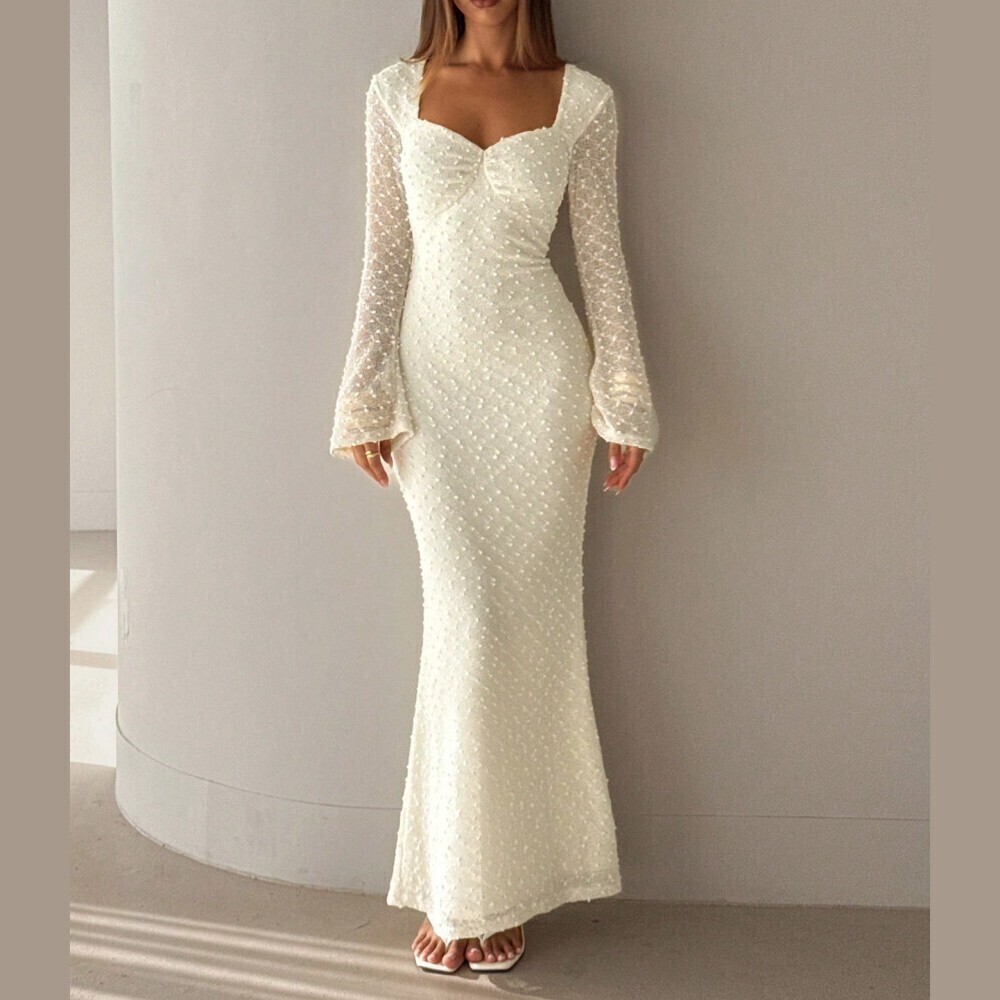 Cream Textured Sweetheart Bell Sleeve Mermaid Maxi Dress